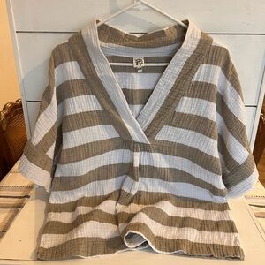 VU Striped V-Neck Blouse - White and Tan